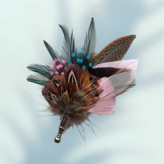 Teal, cerise pink, light pink and natural feather Lapel Pin CFLP202