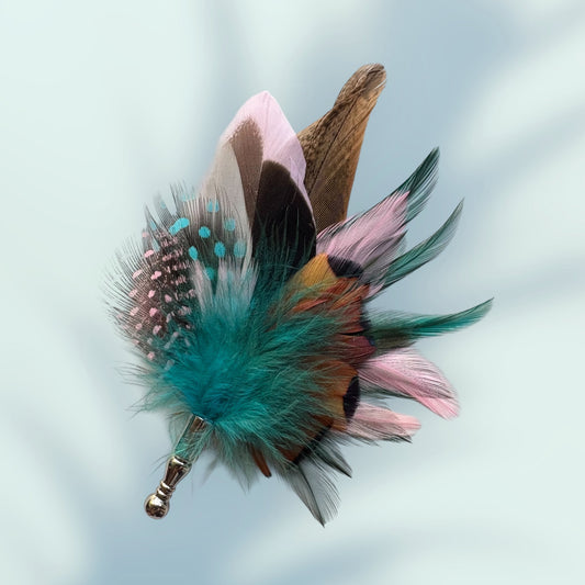 Light pink, teal and natural feather Lapel Pin CFLP203