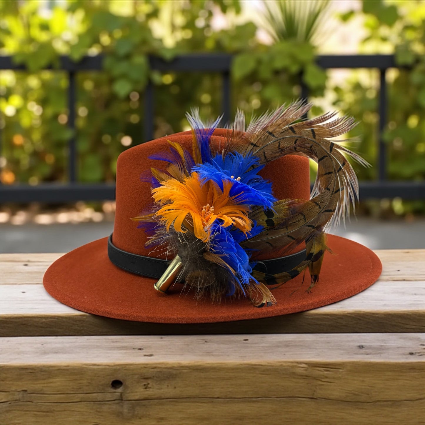 Royal blue, Orange and Natural Feather Hat Pin (CFP514)