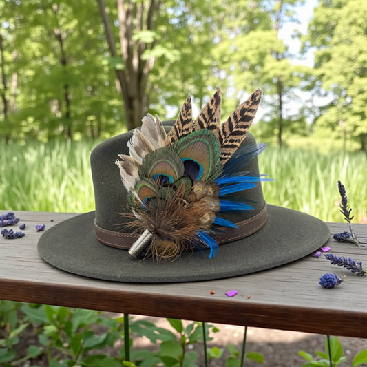 Turquoise, navy, green and natural Feather Hat Pin (CFP820)