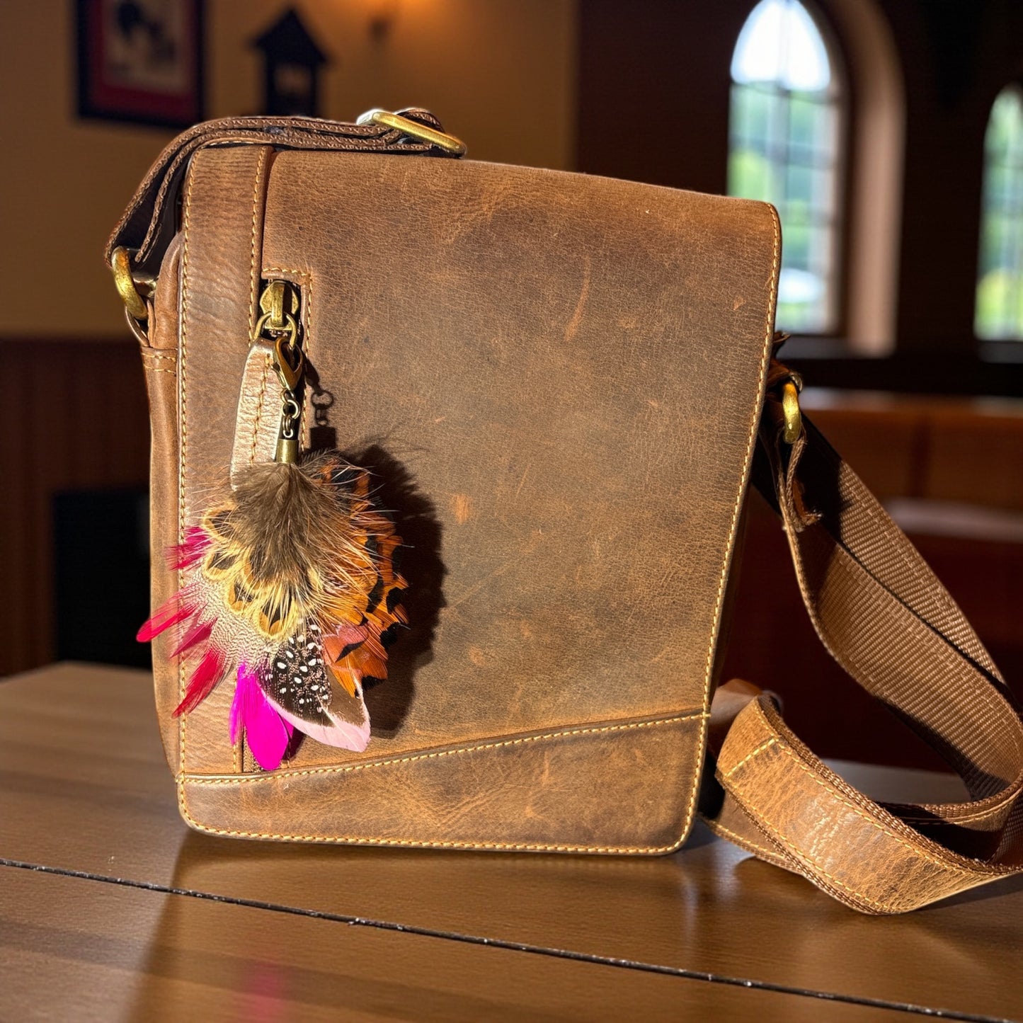 Cerise, light pink and natural feather Handbag Charm CFHC6068