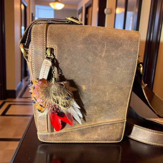 Red, Grey and natural feather Handbag Charm CFHC6071