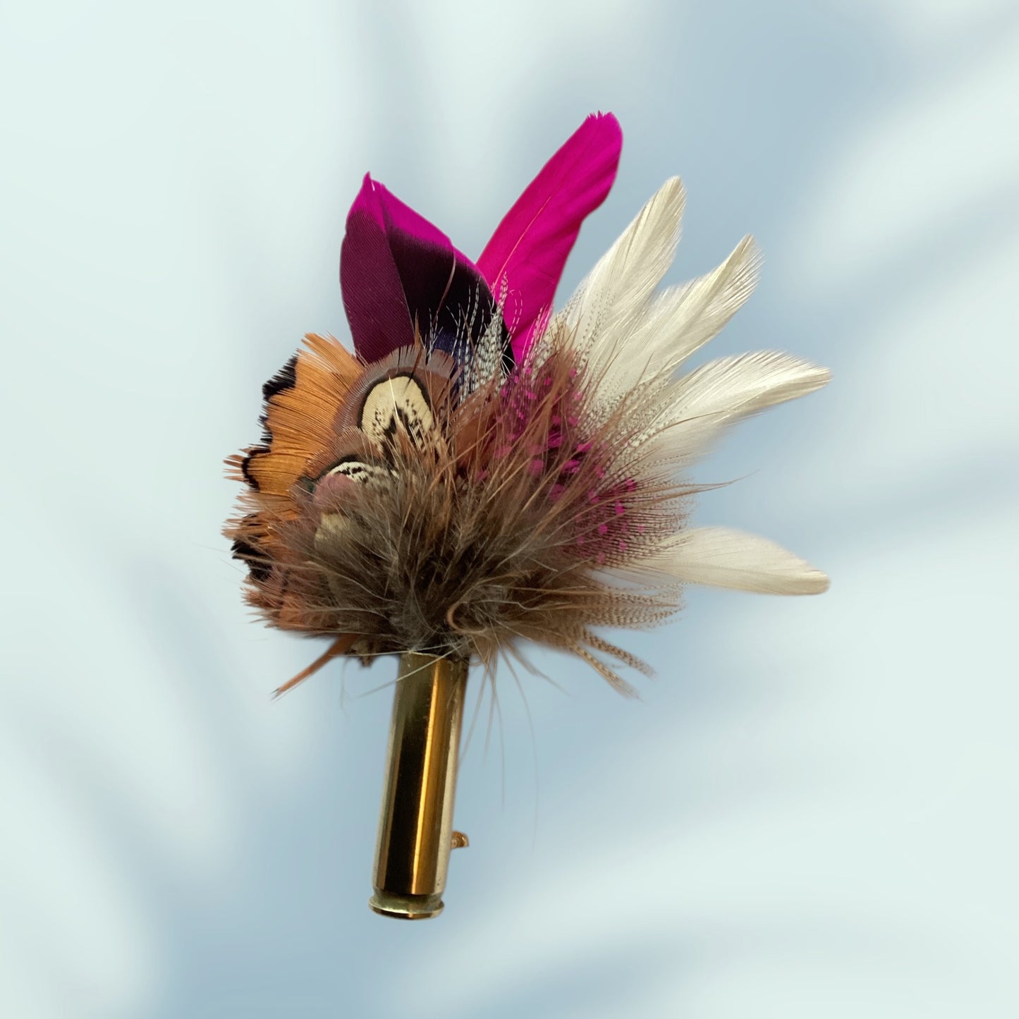 Cerise Pink, Cream & Natural Feather Lapel Pin CFLP209