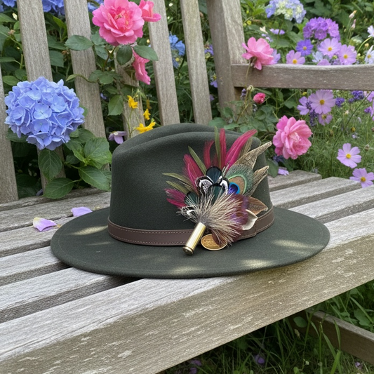 Wine, Green and Natural Feather Hat Pin (CFP829)