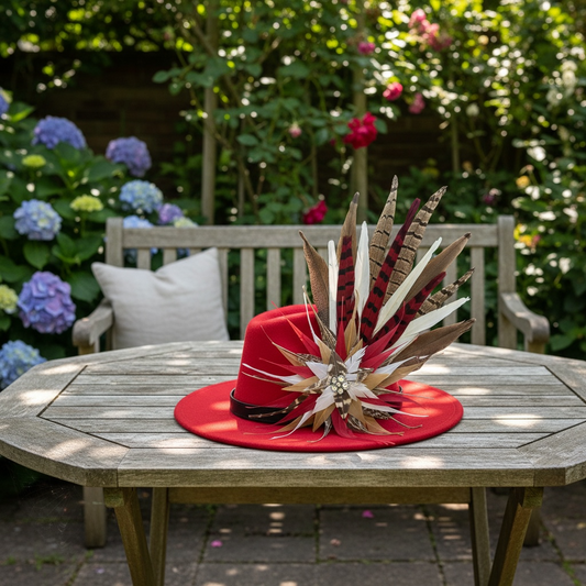 Red, Gold, white and Natural Feather Hat Pin (CFP839)
