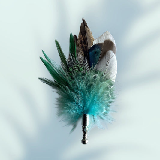 Green, Teal & Natural Feather Lapel Pin CFLP255