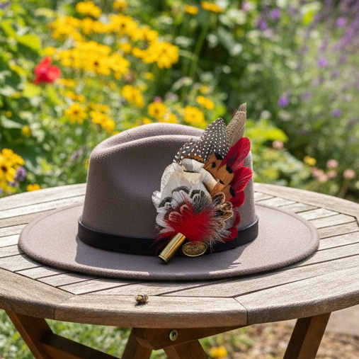 Deep Red, Black, White and Natural Feather Hat Pin (CFP845)