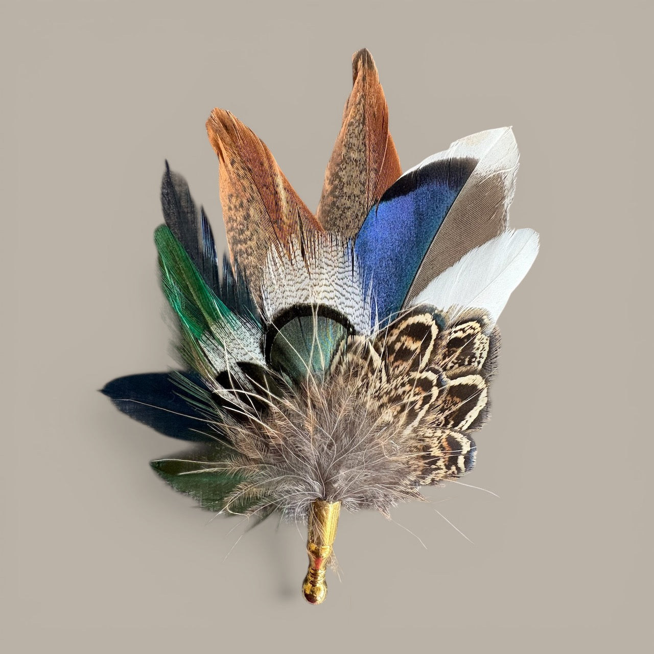 Green, Blue & Natural Feather Lapel Pin CFLP259