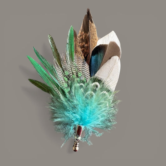Green, Teal & Natural Feather Lapel Pin CFLP255