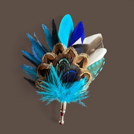 Turquoise, blue & Natural Feather Lapel Pin CFLP228
