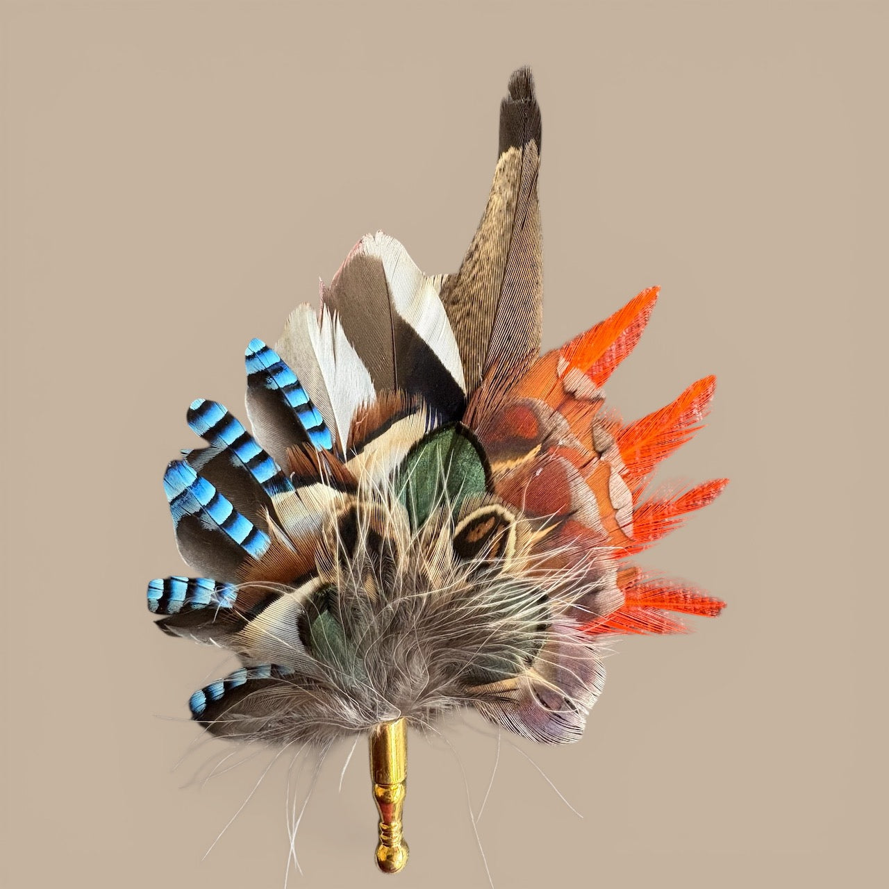 Orange, Blue  & Natural Feather Lapel Pin CFLP225