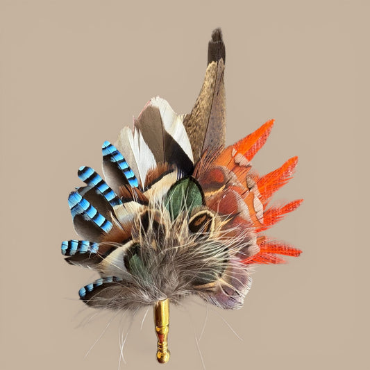 Orange, Blue  & Natural Feather Lapel Pin CFLP225