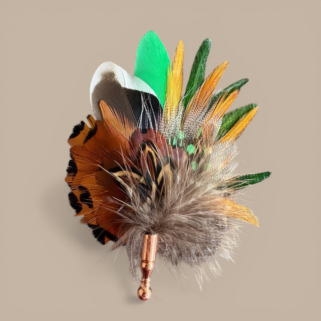 Green, gold and natural feather Lapel Pin CFLP205