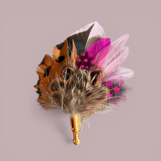 Cerise Pink & Natural Feather Lapel Pin in a Gold Clasp (CFLP193)