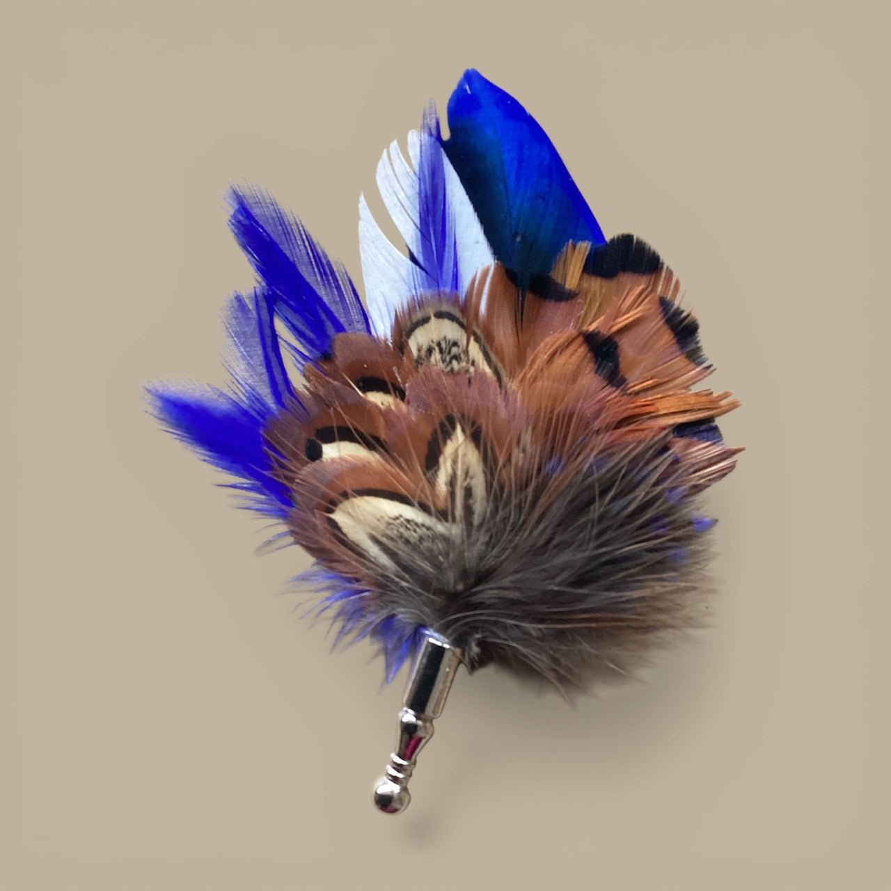 Royal Blue & Natural Feather Lapel Pin in a Silver Clasp (CFLP181)