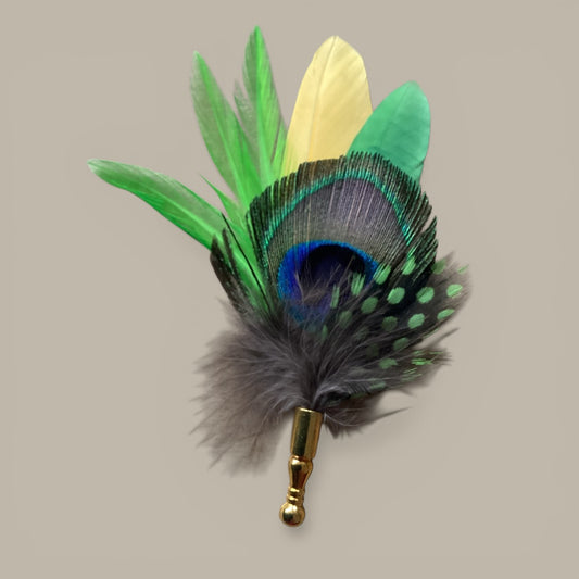 Green, Lime & Peacock Feather Lapel Pin in a Gold Clasp (CFLP180)
