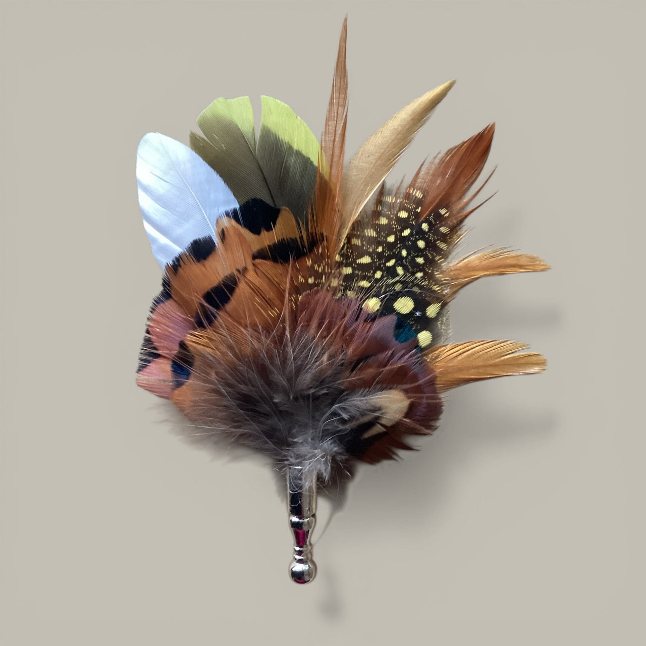 Yellow & Natural Feather Lapel Pin in a Silver Clasp (CFLP173)