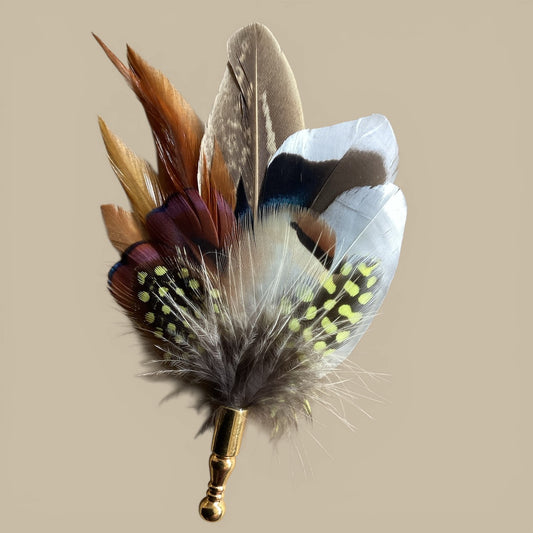 Yellow & Natural Feather Lapel Pin in a Gold Clasp (CFLP123)