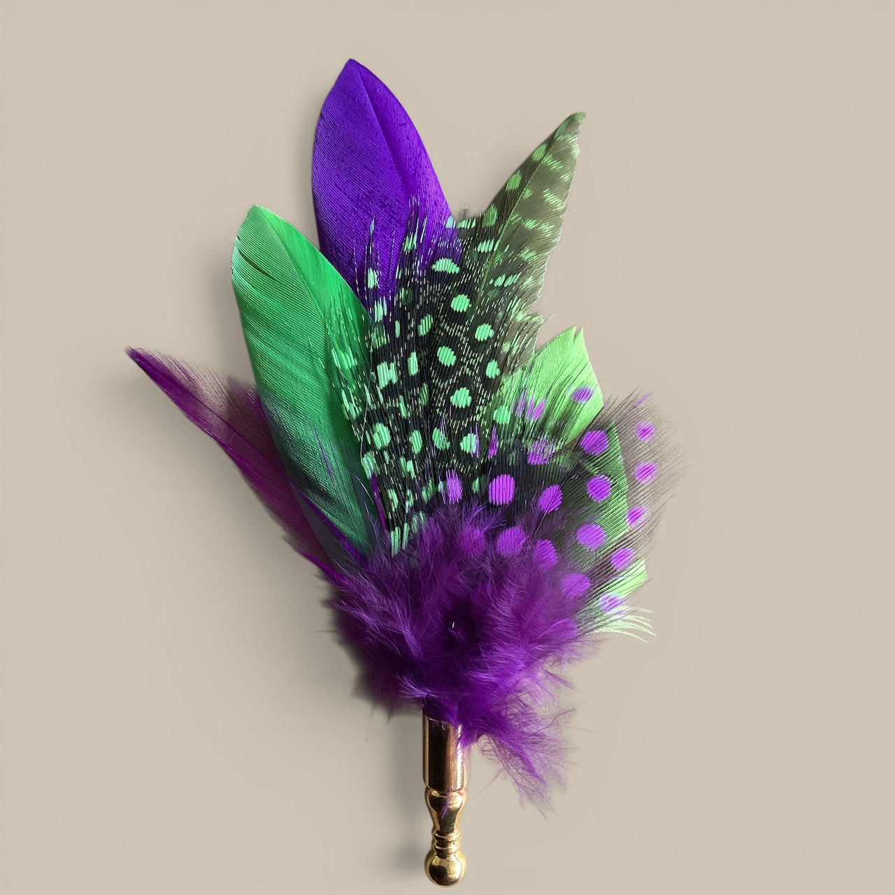 Purple & Lime Feather Lapel Pin set in a Gold Clasp (CFLP090)