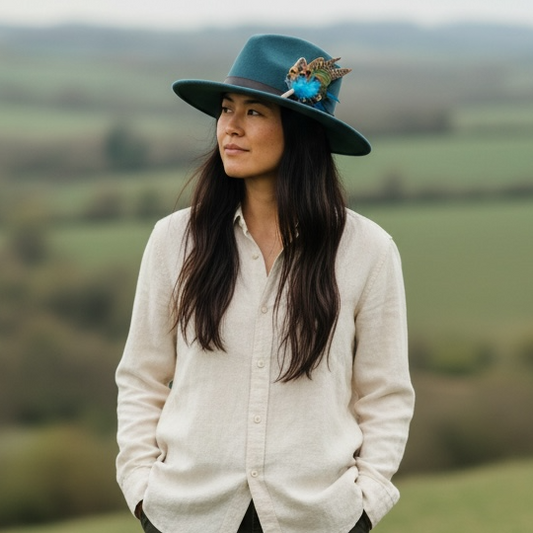 Teal, blue, green and natural Feather Hat Pin (CFP818)