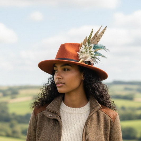 Olive green, teal, white & brown Feather Hat Pin (CFP802)