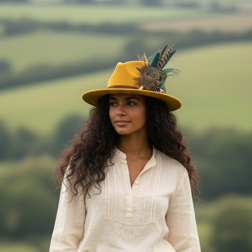 Mustard, navy, teal, green & natural Feather Hat Pin (CFP800)