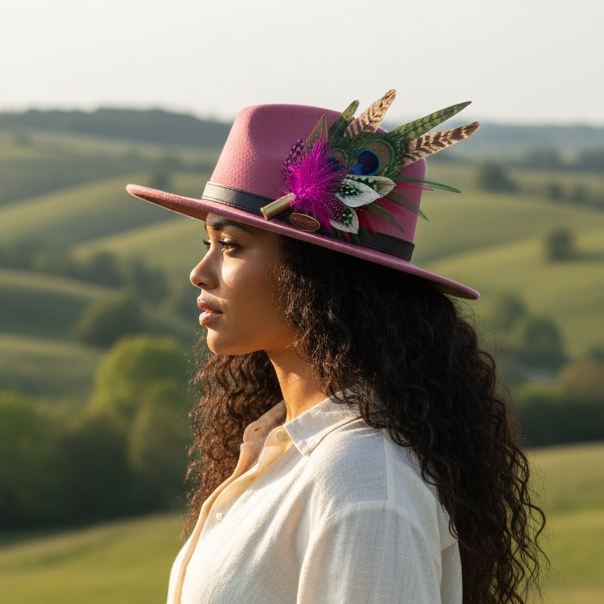Cerise Pink, Green and Natural Feather Hat Pin CFP855
