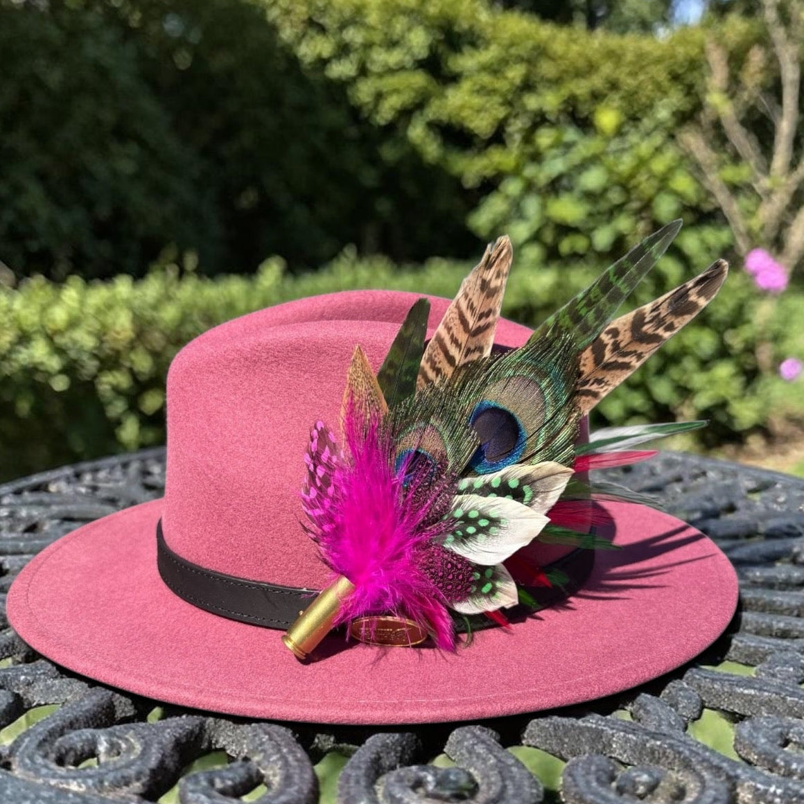 Cerise Pink, Green and Natural Feather Hat Pin CFP855