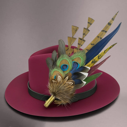 Navy, cerise pink, gold, green & natural Feather Hat Pin (CFP804)