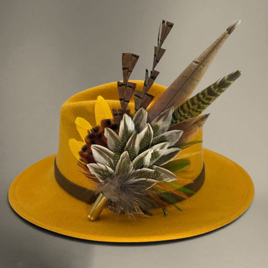 Olive green, gold, yellow & natural Feather Hat Pin (CFP806)