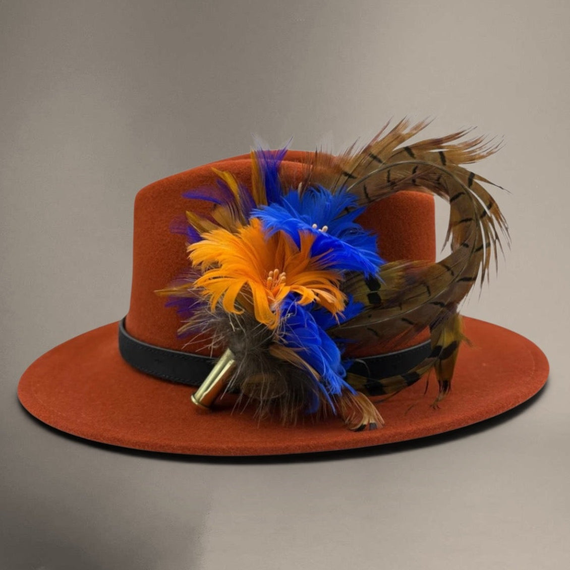 Royal blue, Orange and Natural Feather Hat Pin (CFP514)
