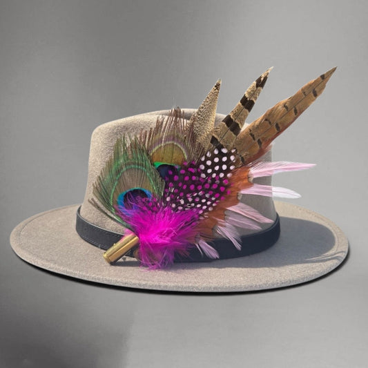Peacock, Cerise Pink and Light Pink Feather Hat Pin CFP864