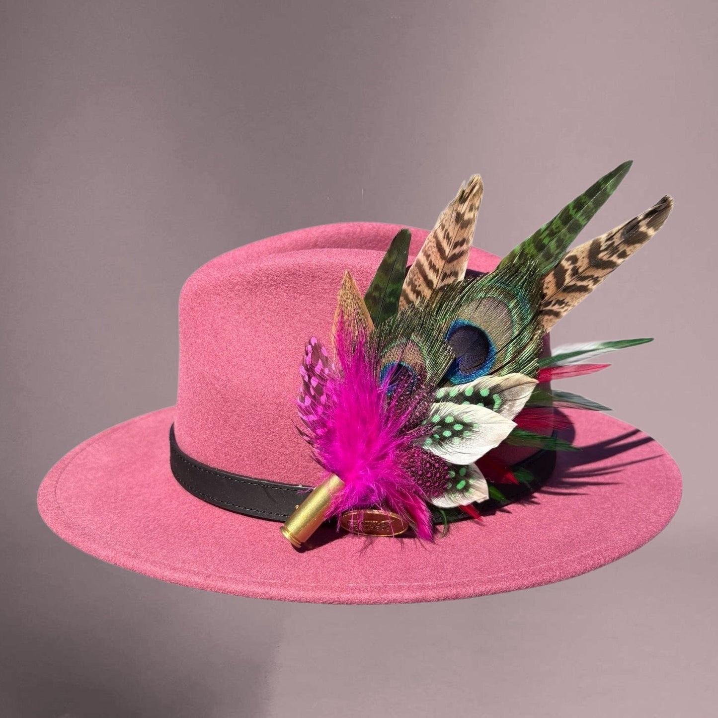 Cerise Pink, Green and Natural Feather Hat Pin CFP855