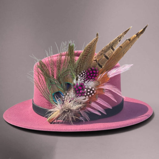 Peacock, Cerise Pink and Light Pink Feather Hat Pin CFP862