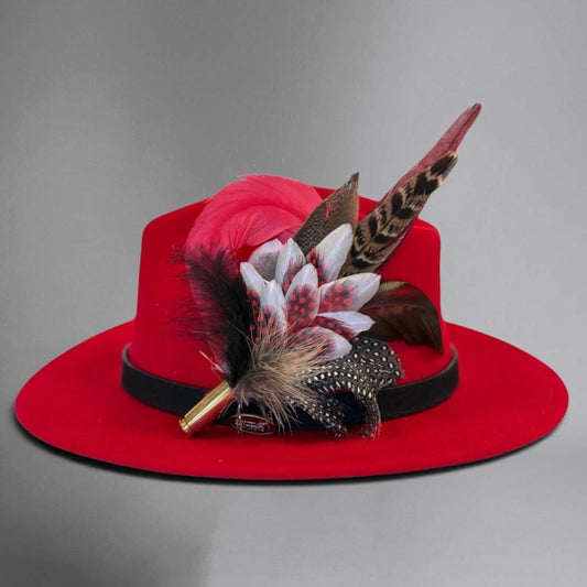 Red, Black, White and Natural Feather Hat Pin CFP840