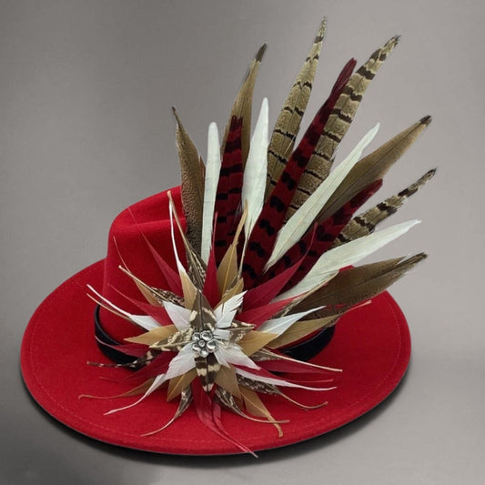 Red, Gold, white and Natural Feather Hat Pin (CFP839)