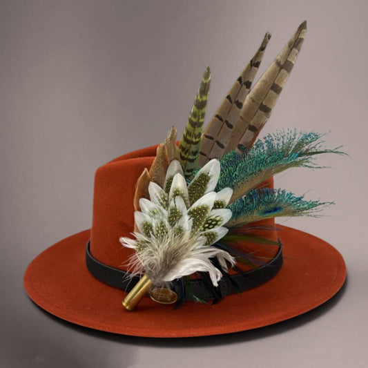 Olive green, teal, white & brown Feather Hat Pin (CFP802)