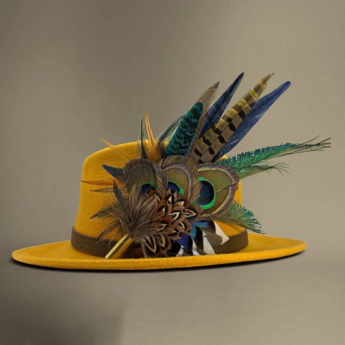 Mustard, navy, teal, green & natural Feather Hat Pin (CFP800)