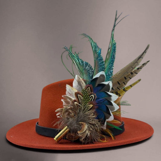 Teal, natural, brown, blue, green & gold Feather Hat Pin (CFP796)