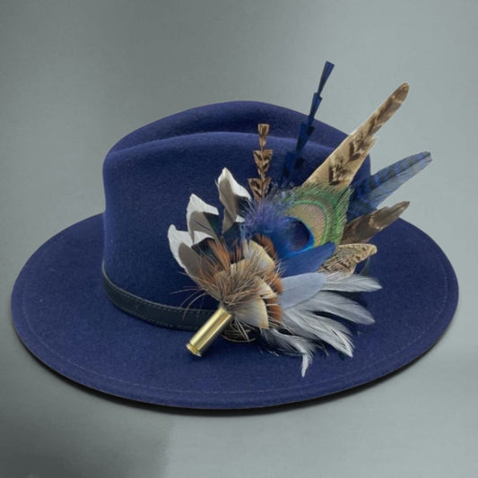 Blue, Grey & Natural Feather Hat Pin (CFP678)