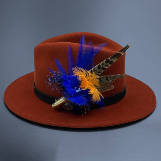 Orange, Royal Blue & Natural Feather Hat Pin (CFP543)