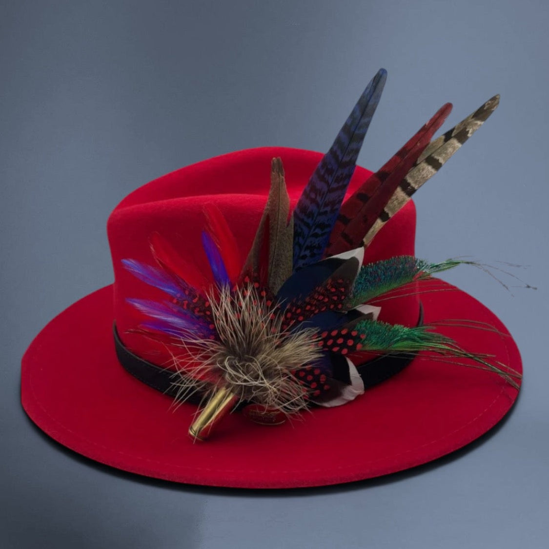 Red, Blue & Natural Feather Hat Pin (CFP370)