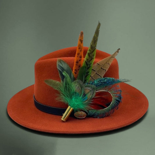 Peacock, Rust, Green & Natural Feather Hat Pin (CFP353)