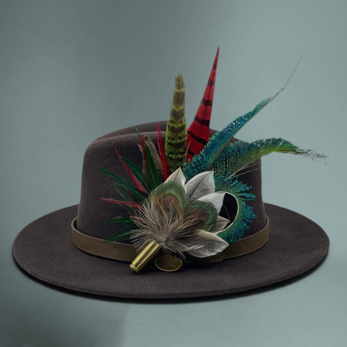 Peacock, Wine, Red & Natural Feather Hat Pin (CFP351)
