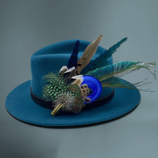 Peacock, Blue & Natural Feather Hat Pin (CFP346)