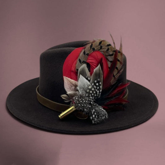 Red, Black, White & Natural Feather Hat Pin (CFP246)
