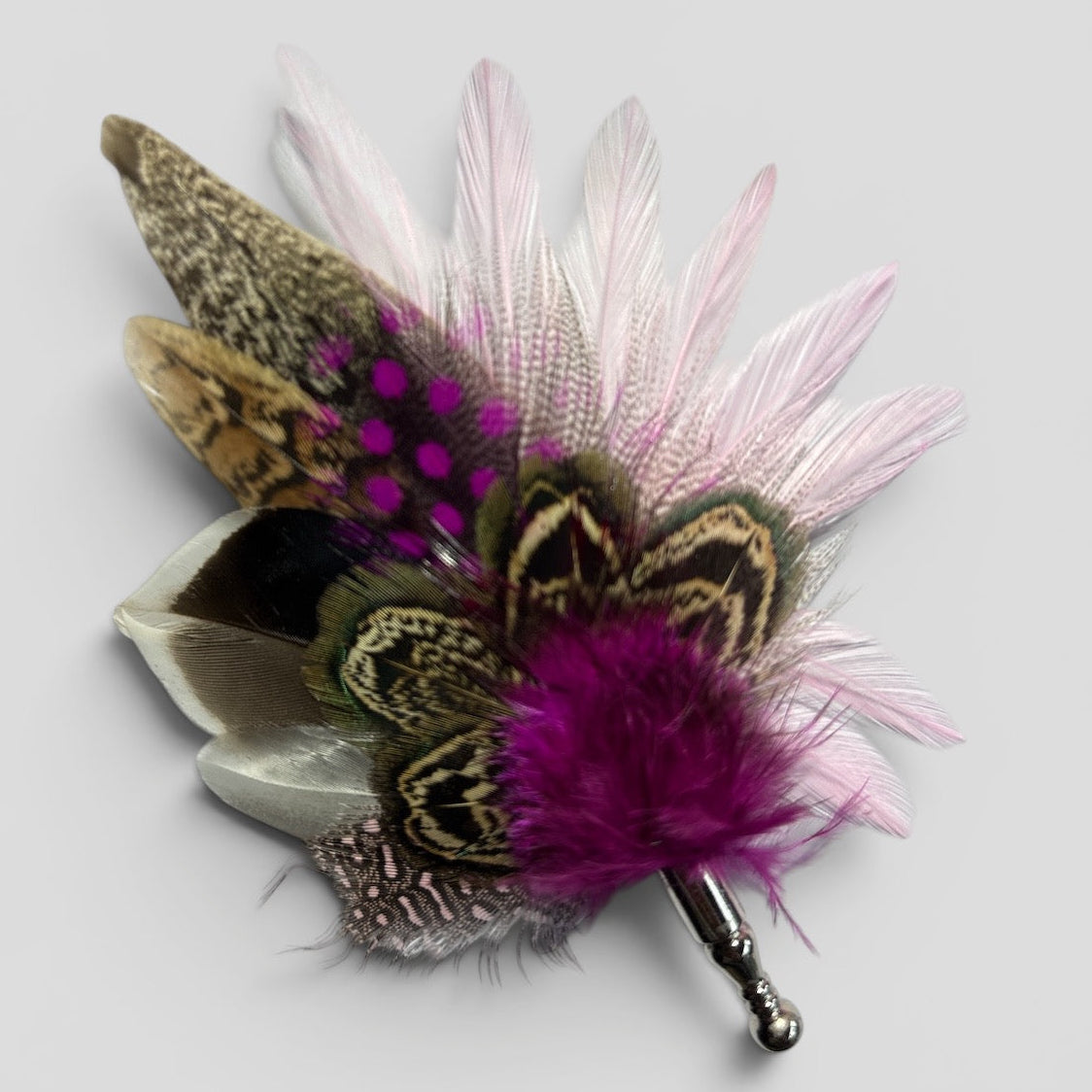 Cerise pink, Light pink & Natural Feather Lapel Pin CFLP266