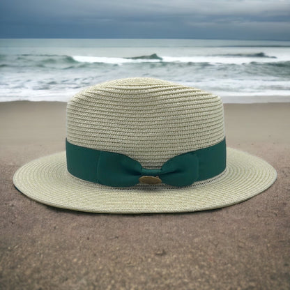 Fedora Straw Hat with Emerald Green Ribbon Band CFSH05