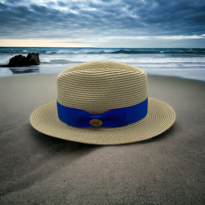 Fedora beige Straw Hat with Royal Blue Ribbon Band CFSH10