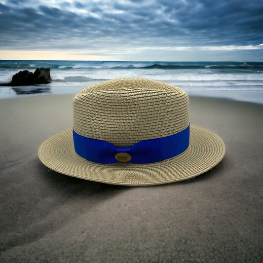 Fedora beige Straw Hat with Royal Blue Ribbon Band CFSH10